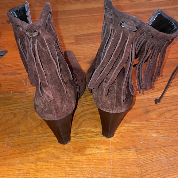 Nine west fringe chocolate heel moccasin boot fringe leather suede - Picture 4 of 6
